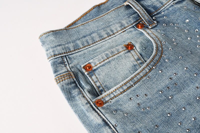 Purple Brand Crystal Diamond Denim Shorts #5098